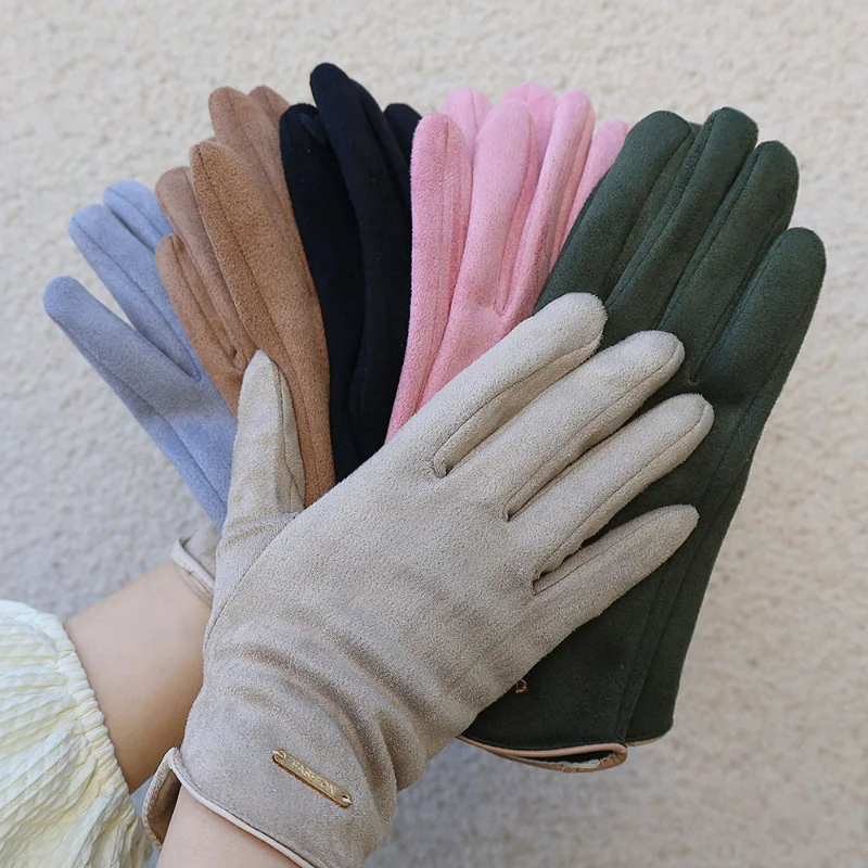 New Women Suede Gloves Autumn Winter Cute Furry Warm Mitts Full Finger Mittens Lady Outdoor Sport Female Wrist Glove Screentouch