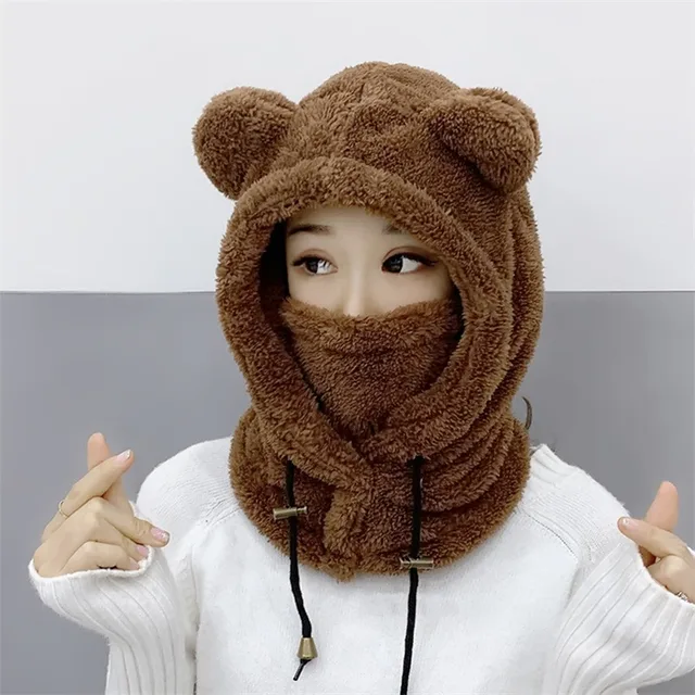 Winter Cute Cartoon Plush Bear Ears Hats Balaclava Warm Bear Baby Hooded Hat Ear Protection Cap Windproof Thick Warm Neck Cover