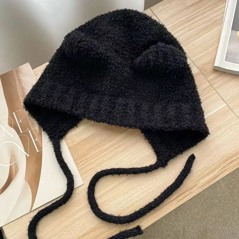 Cute Bear Ear Wool Hat Winter Women Warm Lace-Up Ear Protection Beanie Hat Thermal Bomber Cap Korean Versatile Skullies Hats