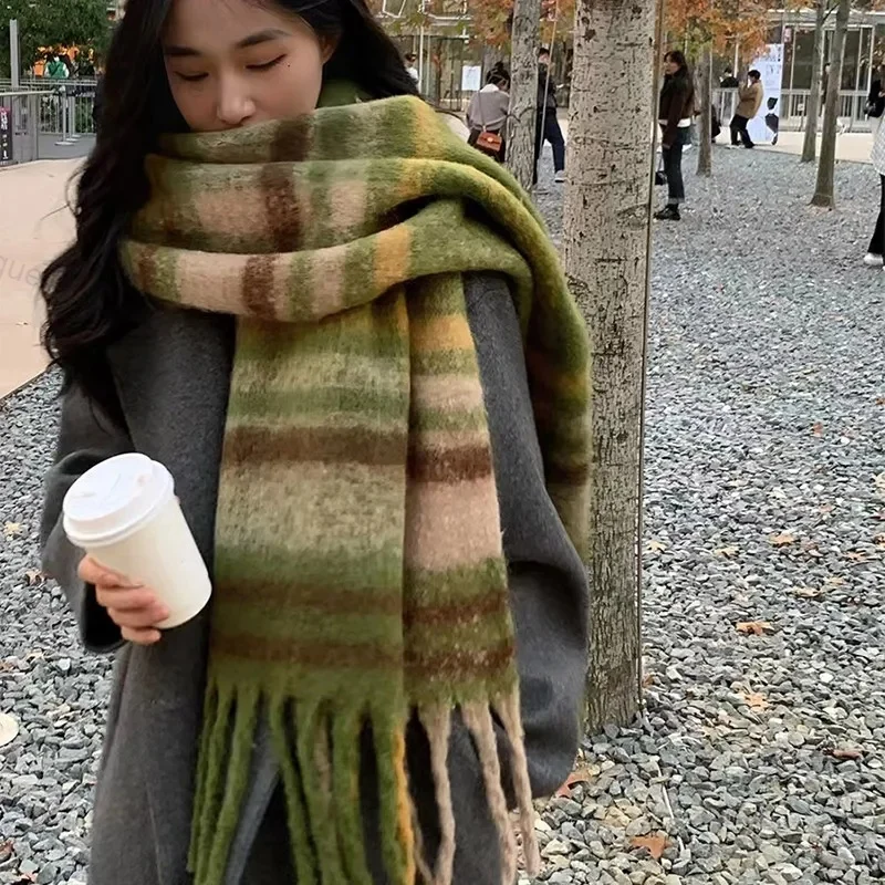 Winter Warm Plaid Fringe Scarf Women Vintage Thicken Color Shawl Couple Ins Korean Velvet Brand Scarves Autumn Outdoor
