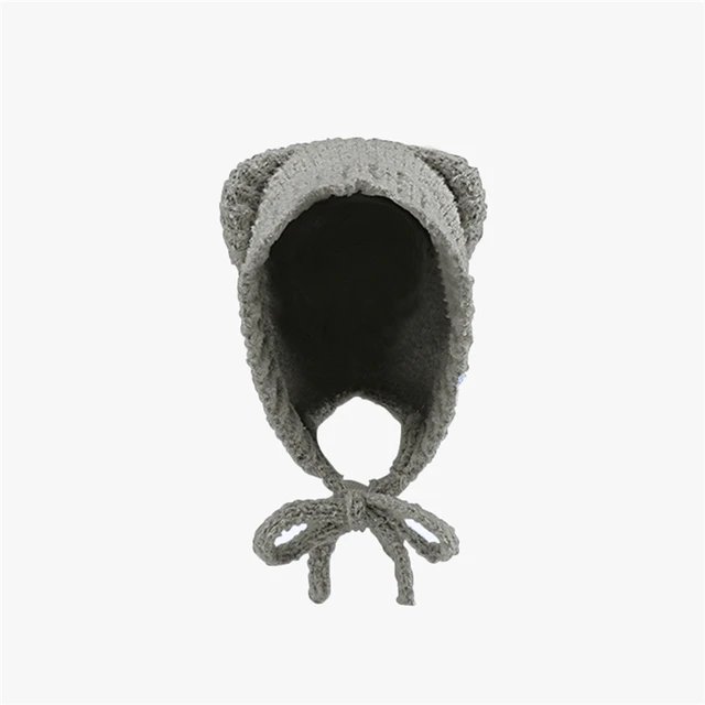 Cute Bear Ear Wool Hat Winter Women Warm Lace-Up Ear Protection Beanie Hat Thermal Bomber Cap Korean Versatile Skullies Hats