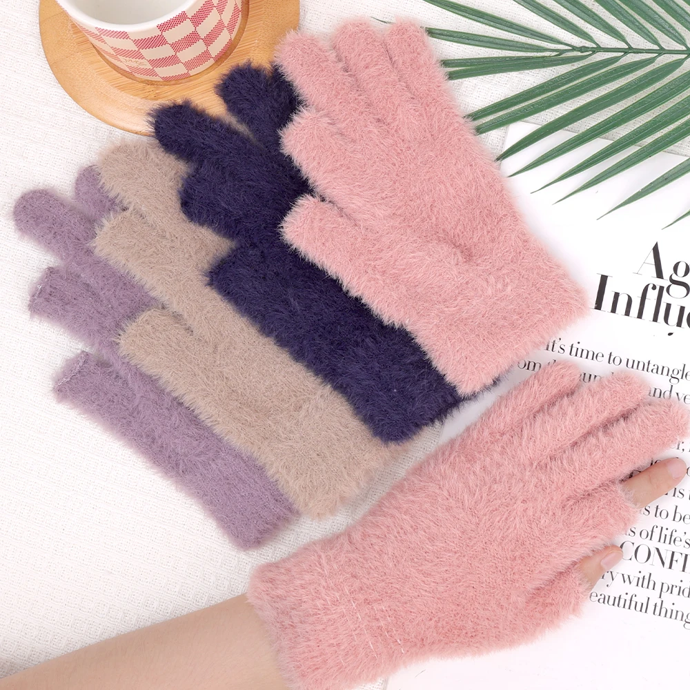 Soft Fluffy Winter Touchscreen Gloves Women Girls Imitate Rabbit Fur Plush Warm Fingerless Mink Fleece Index Half Finger Mittens