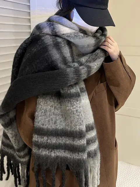 Winter Warm Plaid Fringe Scarf Women Vintage Thicken Color Shawl Couple Ins Korean Velvet Brand Scarves Autumn Outdoor