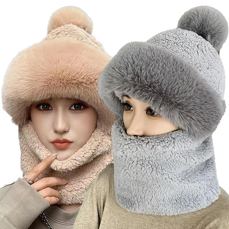 Winter Scarf Set Hooded For Women Plush Neck Warm Outdoor Ski Windproof Hat Thick Scarf Collar Plush Fluffy Beanies Cycling Cap