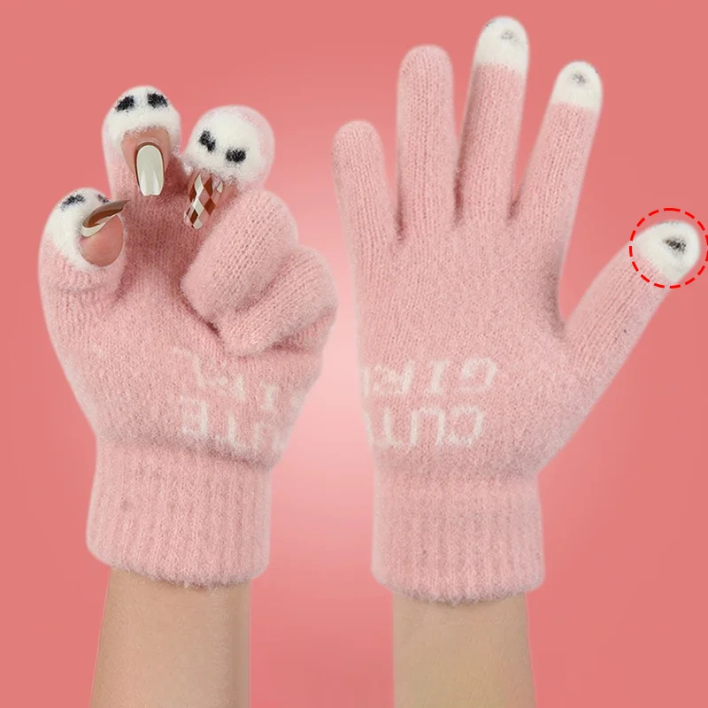 Women Cute Panda Fingertip Winter Fluffy gloves Warm Knitted Fingerless Gloves Wool Touchscreen Phone Girls Full Finger Mittens