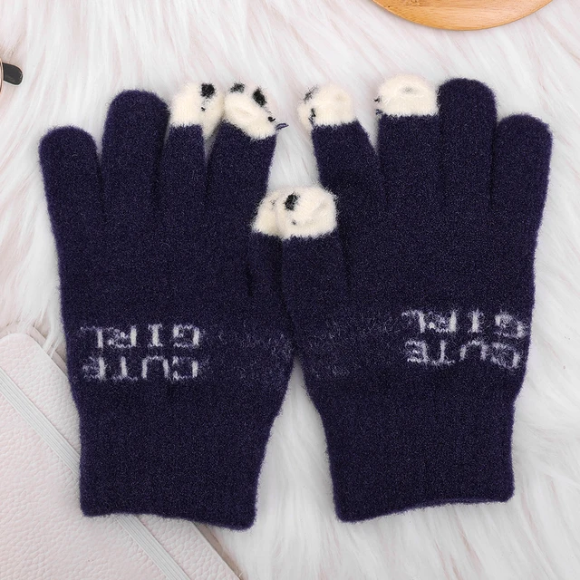 Women Cute Panda Fingertip Winter Fluffy gloves Warm Knitted Fingerless Gloves Wool Touchscreen Phone Girls Full Finger Mittens