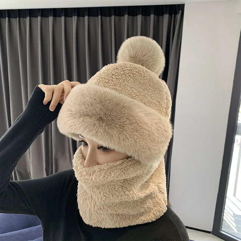 Winter Scarf Set Hooded For Women Plush Neck Warm Outdoor Ski Windproof Hat Thick Scarf Collar Plush Fluffy Beanies Cycling Cap