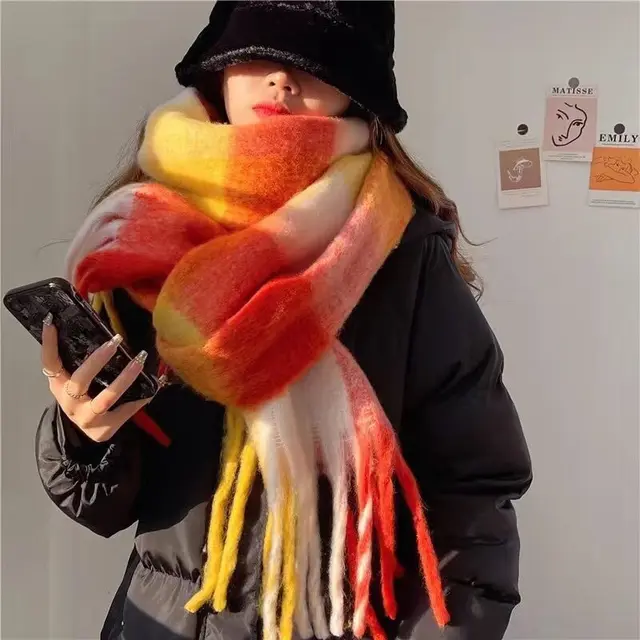 Winter Warm Plaid Fringe Scarf Women Vintage Thicken Color Shawl Couple Ins Korean Velvet Brand Scarves Autumn Outdoor