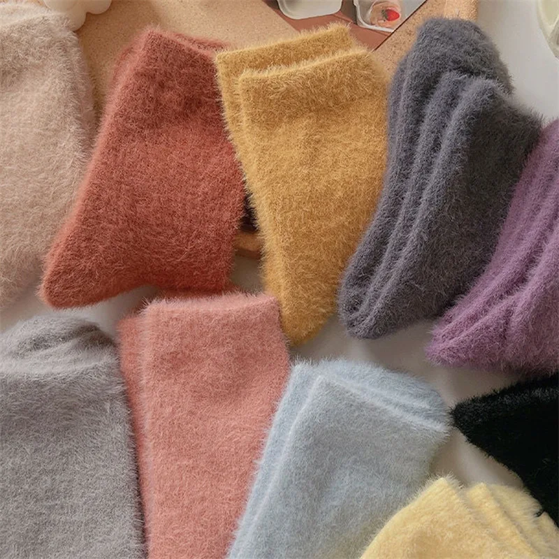 Women Solid Cozy Mink Velvet Socks Autumn Winter Hosiery Thicken Warm Pure Color Sleep Bed Floor Home Fluffy Sock Harajuku