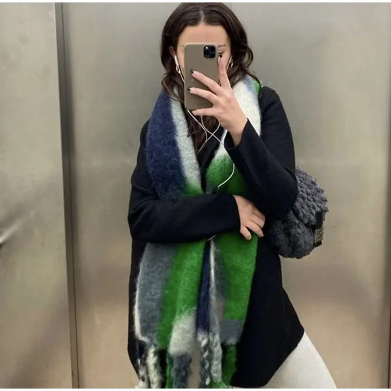 Long Gradient Mohair Printed Tassel Scarf Women Thick Cashmere Warm Poncho Shawls Wraps Blanket Winter Autumn Accessories