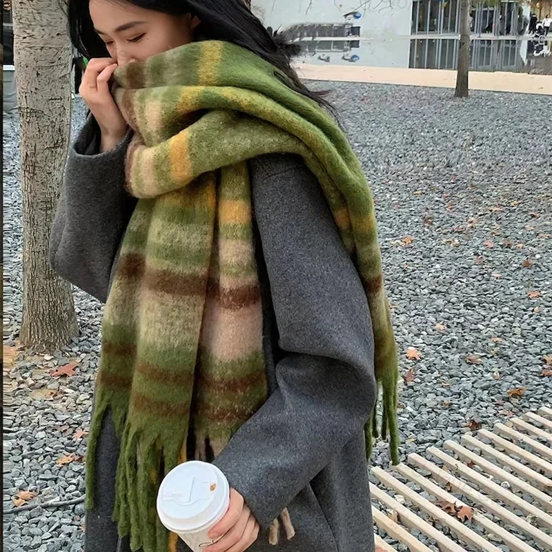 Winter Warm Plaid Fringe Scarf Women Vintage Thicken Color Shawl Couple Ins Korean Velvet Brand Scarves Autumn Outdoor