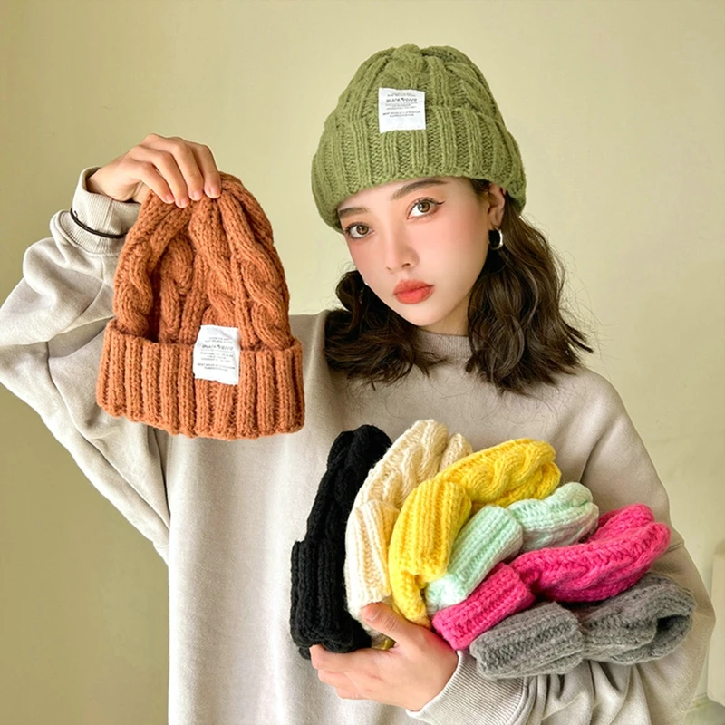 Winter Knitted Hat For Women Solid Color Warm Knitted Beanies Hat Fashion Coarse Woolen Knitted Hat Outdoor Warm Crochet Bonnets