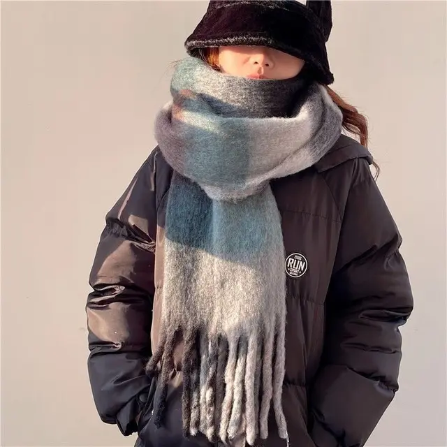 Winter Warm Plaid Fringe Scarf Women Vintage Thicken Color Shawl Couple Ins Korean Velvet Brand Scarves Autumn Outdoor