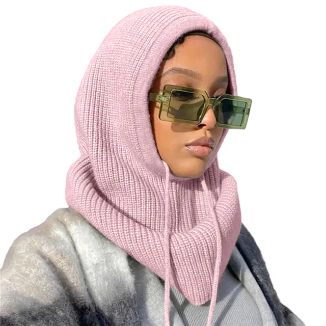 New Women Hooded Scarf Pullover Hat Winter Solid Color Knitted Pullover Drawstring Balaclava Hat Winter Warm Beanie Gothic Hats