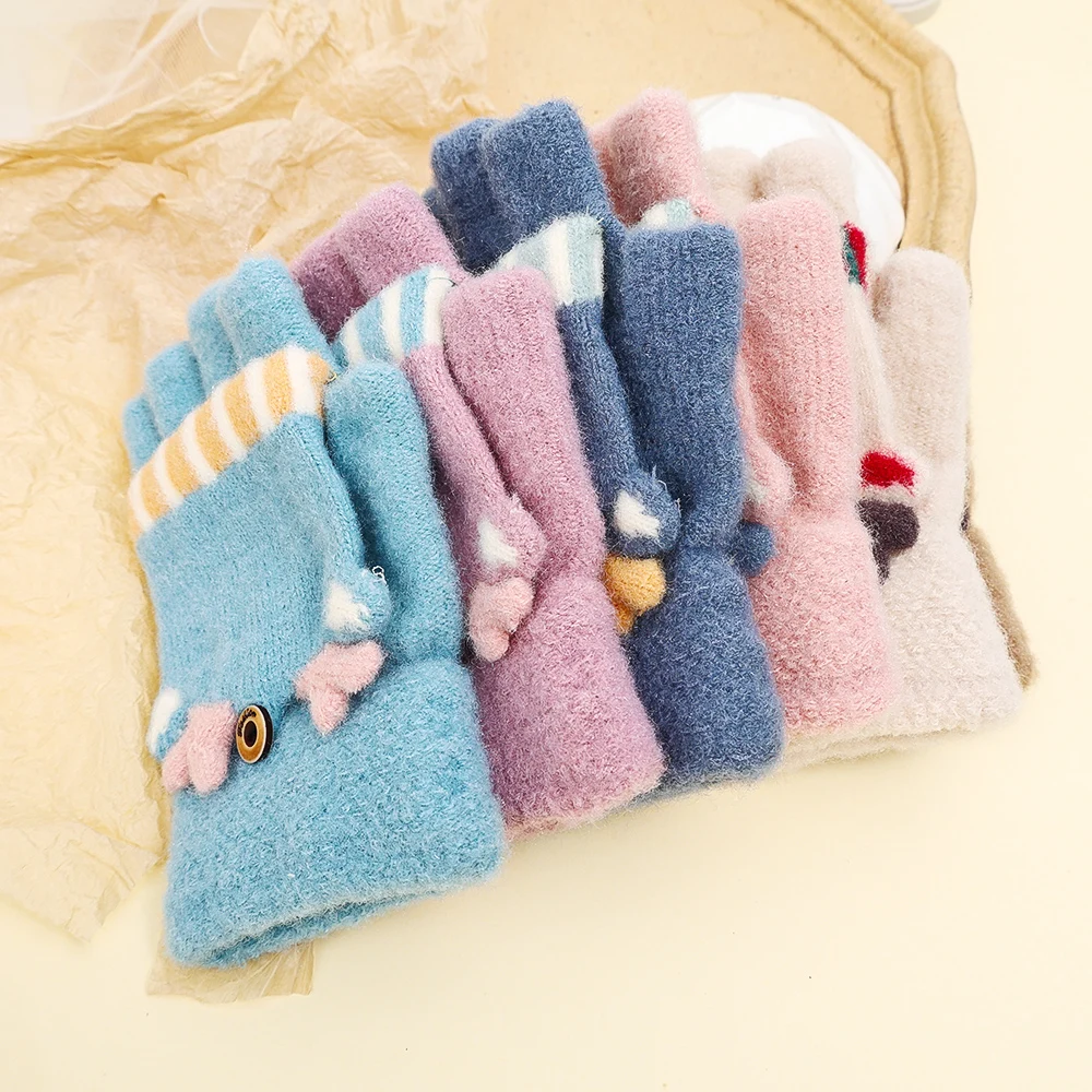 Cute Xmas Elk Half Finger Gloves Girls Winter Warm Thick Knitted Wool Gloves Flip Fingerless Exposed Finger Mittens Glove Women