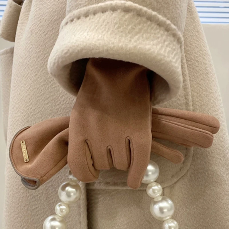 New Women Suede Gloves Autumn Winter Cute Furry Warm Mitts Full Finger Mittens Lady Outdoor Sport Female Wrist Glove Screentouch