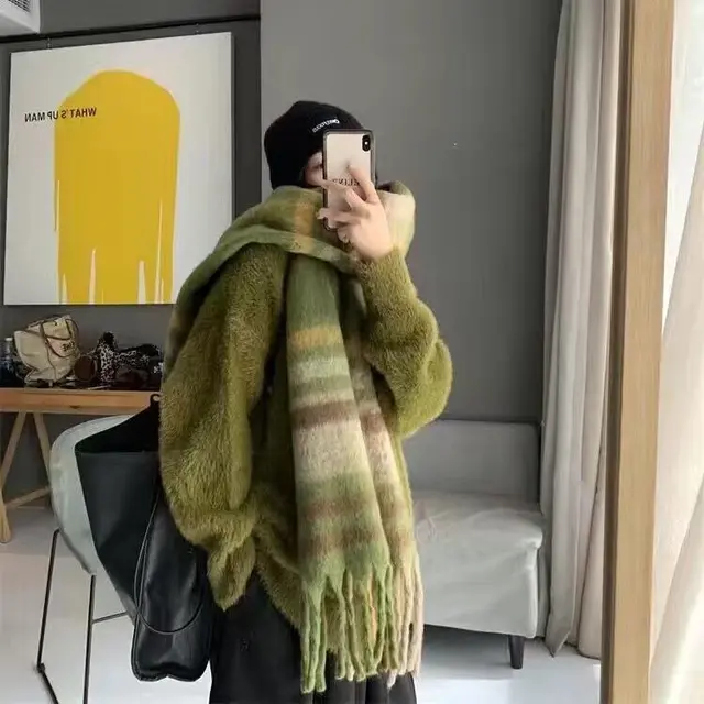 Winter Warm Plaid Fringe Scarf Women Vintage Thicken Color Shawl Couple Ins Korean Velvet Brand Scarves Autumn Outdoor