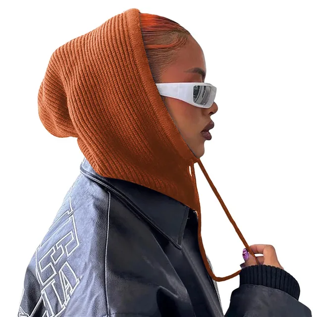 New Women Hooded Scarf Pullover Hat Winter Solid Color Knitted Pullover Drawstring Balaclava Hat Winter Warm Beanie Gothic Hats