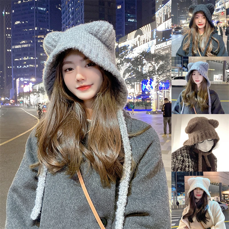 Cute Bear Ear Wool Hat Winter Women Warm Lace-Up Ear Protection Beanie Hat Thermal Bomber Cap Korean Versatile Skullies Hats