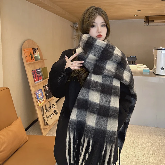 2023 Winter Cashmere Thick Plaid Scarf Women Men Luxury Long Soft Warm Neck Thick Solid Color Shawls Autumn Outdoor Gifts