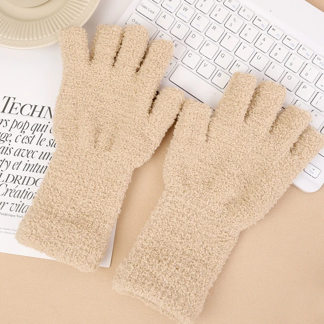 Women winter plush Gloves Solid Soft Thicken Coral Fleece Long arm Touchscreen Fingerless Glove Warm Half Finger Writing Mittens