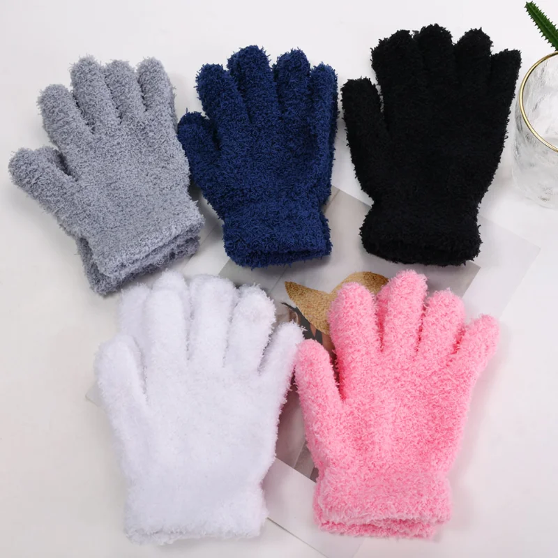 Winter Coral Fleece Thicken Gloves Women Girls Keep Warm Plush Furry Full Finger Mittens Soft Elastic Casual Solid Cycling Glove