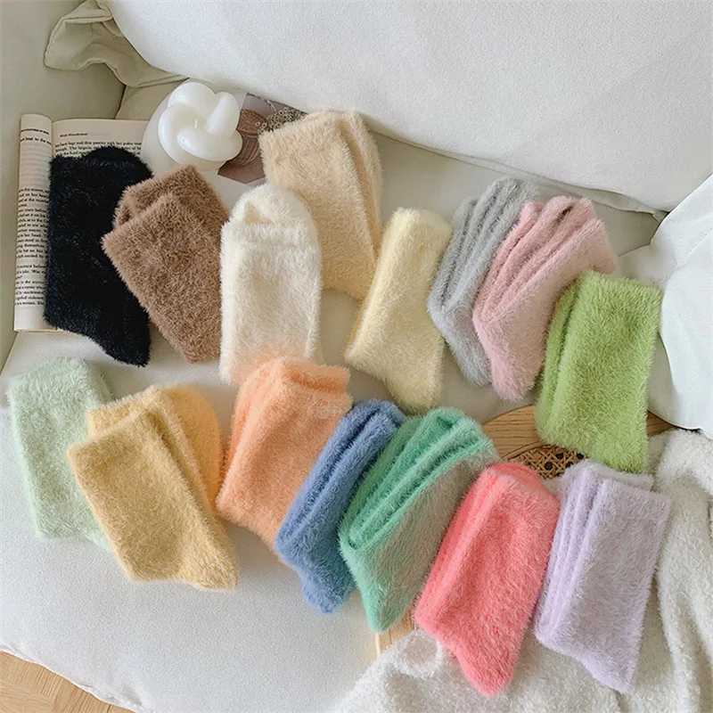 Women Solid Cozy Mink Velvet Socks Autumn Winter Hosiery Thicken Warm Pure Color Sleep Bed Floor Home Fluffy Sock Harajuku