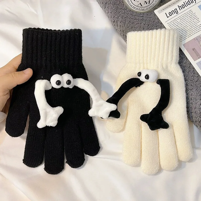 Winter Knitted Warm Gloves Women Creative Couple Magnetic Hands Gloves Cute Hand in Hand Thick Full Finger Touchscreen Mittens