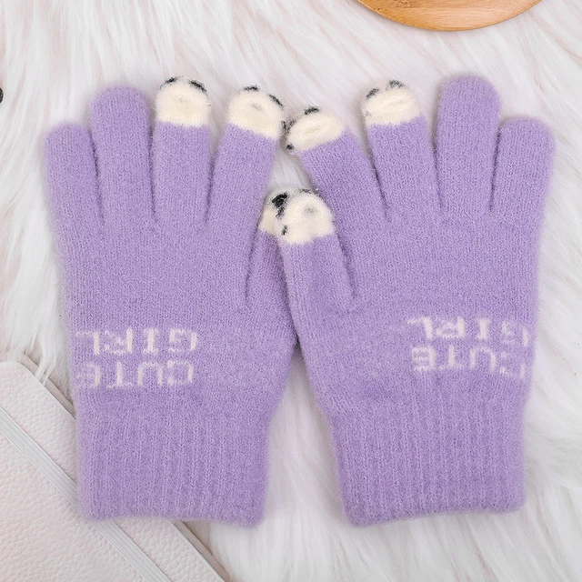 Women Cute Panda Fingertip Winter Fluffy gloves Warm Knitted Fingerless Gloves Wool Touchscreen Phone Girls Full Finger Mittens