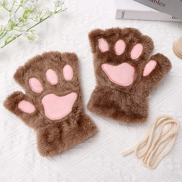 Super-thick Bear Plush Gloves Cute Embroidery Bear Fluffy Claw Fingerless Gloves Winter Warm Soft Glove Full Finger Mitten Women