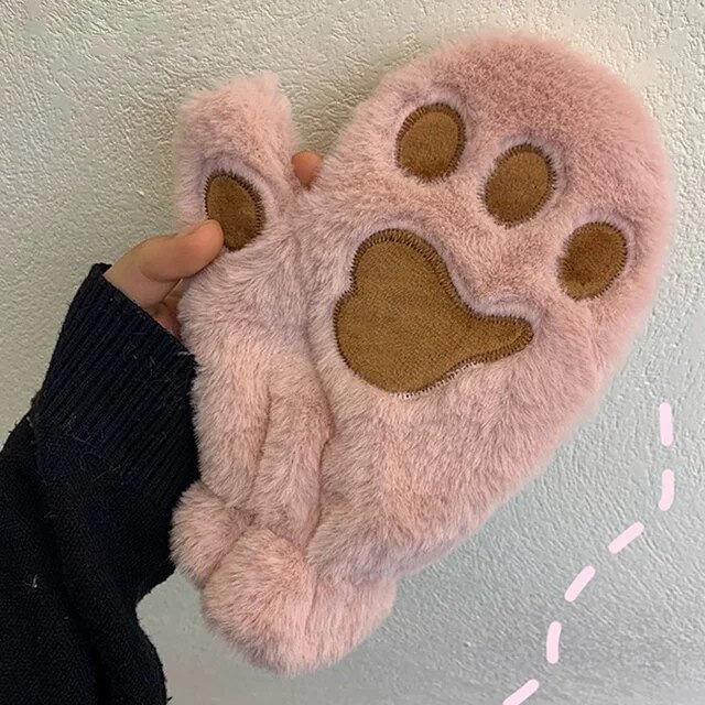 Girls Winter Thick Cat Paw Soft Plush Gloves Cute Warm Hand Glove Women Korean Rabbit Fur Full Finger Casual Riding Mittens