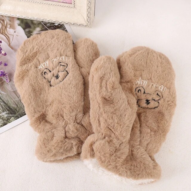 Super-thick Bear Plush Gloves Cute Embroidery Bear Fluffy Claw Fingerless Gloves Winter Warm Soft Glove Full Finger Mitten Women