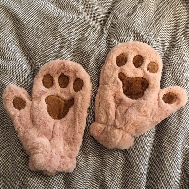 Girls Winter Thick Cat Paw Soft Plush Gloves Cute Warm Hand Glove Women Korean Rabbit Fur Full Finger Casual Riding Mittens