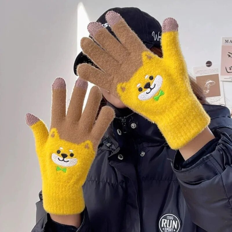 Women Cute Cartoon dog Touchscreen Gloves Winter Fluffy Warm Shiba Embroider Full Finger Girls Wool Soft Knitted Wrist Mittens