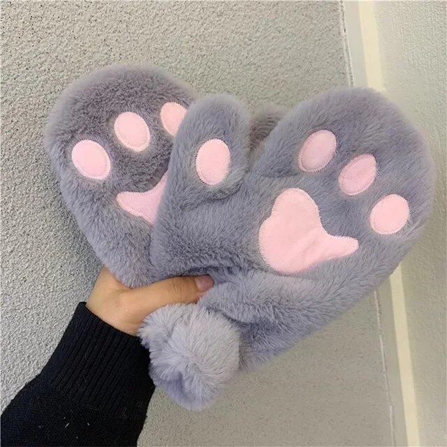 Girls Winter Thick Cat Paw Soft Plush Gloves Cute Warm Hand Glove Women Korean Rabbit Fur Full Finger Casual Riding Mittens