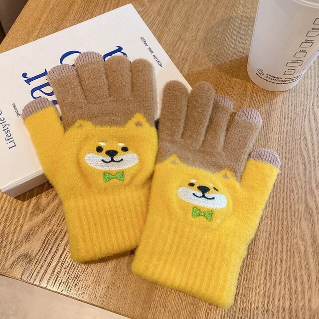 Women Cute Cartoon dog Touchscreen Gloves Winter Fluffy Warm Shiba Embroider Full Finger Girls Wool Soft Knitted Wrist Mittens