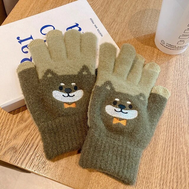 Women Cute Cartoon dog Touchscreen Gloves Winter Fluffy Warm Shiba Embroider Full Finger Girls Wool Soft Knitted Wrist Mittens