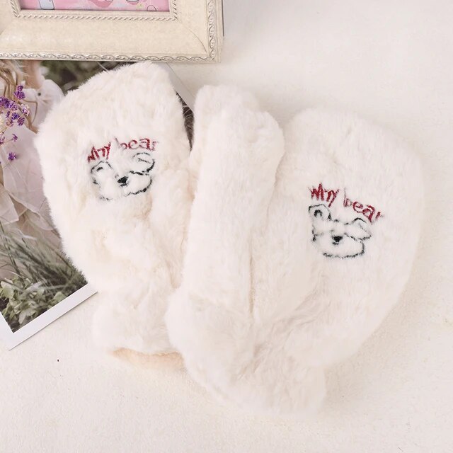 Super-thick Bear Plush Gloves Cute Embroidery Bear Fluffy Claw Fingerless Gloves Winter Warm Soft Glove Full Finger Mitten Women