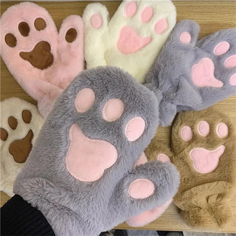 Girls Winter Thick Cat Paw Soft Plush Gloves Cute Warm Hand Glove Women Korean Rabbit Fur Full Finger Casual Riding Mittens
