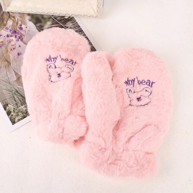 Super-thick Bear Plush Gloves Cute Embroidery Bear Fluffy Claw Fingerless Gloves Winter Warm Soft Glove Full Finger Mitten Women