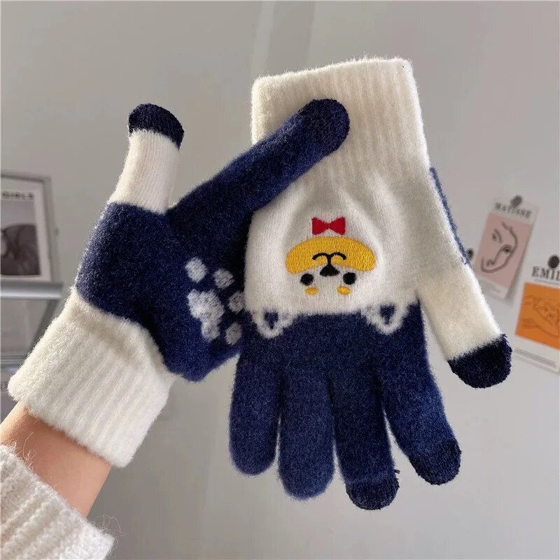 Women Cute Cartoon dog Touchscreen Gloves Winter Fluffy Warm Shiba Embroider Full Finger Girls Wool Soft Knitted Wrist Mittens