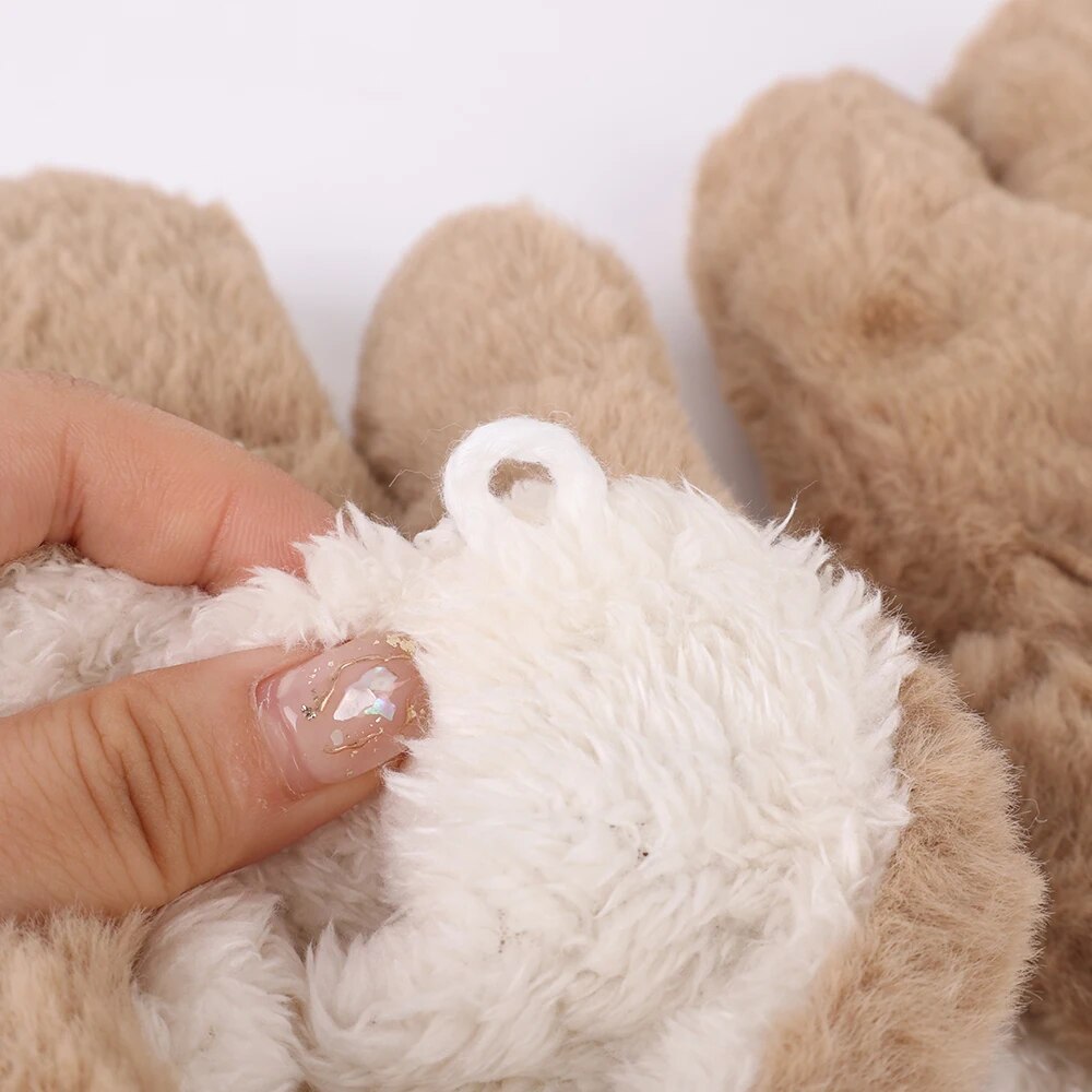 Super-thick Bear Plush Gloves Cute Embroidery Bear Fluffy Claw Fingerless Gloves Winter Warm Soft Glove Full Finger Mitten Women