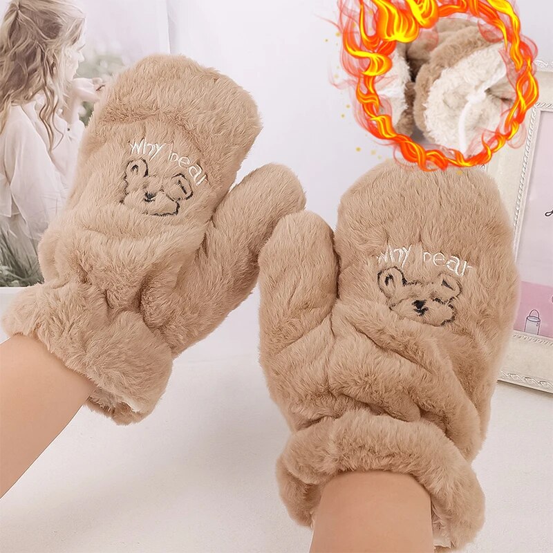 Super-thick Bear Plush Gloves Cute Embroidery Bear Fluffy Claw Fingerless Gloves Winter Warm Soft Glove Full Finger Mitten Women