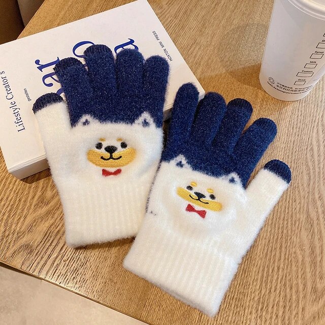 Women Cute Cartoon dog Touchscreen Gloves Winter Fluffy Warm Shiba Embroider Full Finger Girls Wool Soft Knitted Wrist Mittens