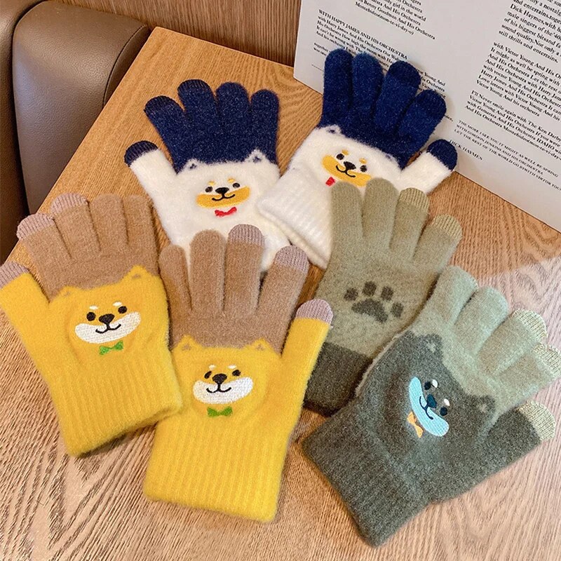 Women Cute Cartoon dog Touchscreen Gloves Winter Fluffy Warm Shiba Embroider Full Finger Girls Wool Soft Knitted Wrist Mittens