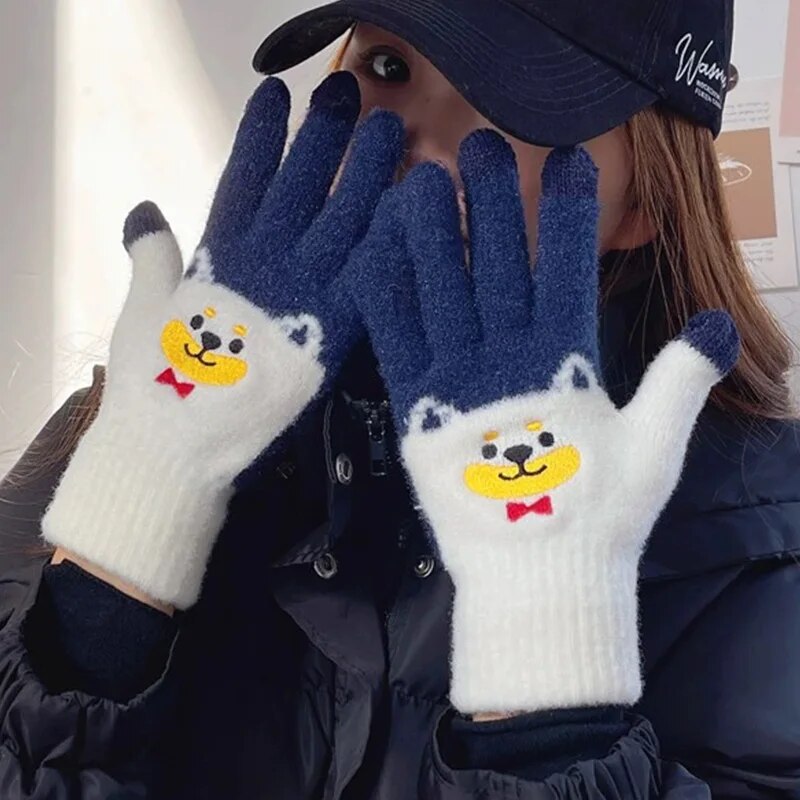 Women Cute Cartoon dog Touchscreen Gloves Winter Fluffy Warm Shiba Embroider Full Finger Girls Wool Soft Knitted Wrist Mittens