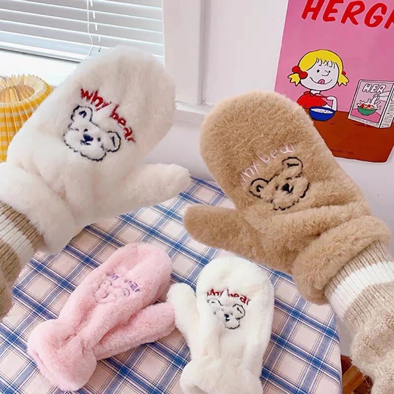 Super-thick Bear Plush Gloves Cute Embroidery Bear Fluffy Claw Fingerless Gloves Winter Warm Soft Glove Full Finger Mitten Women