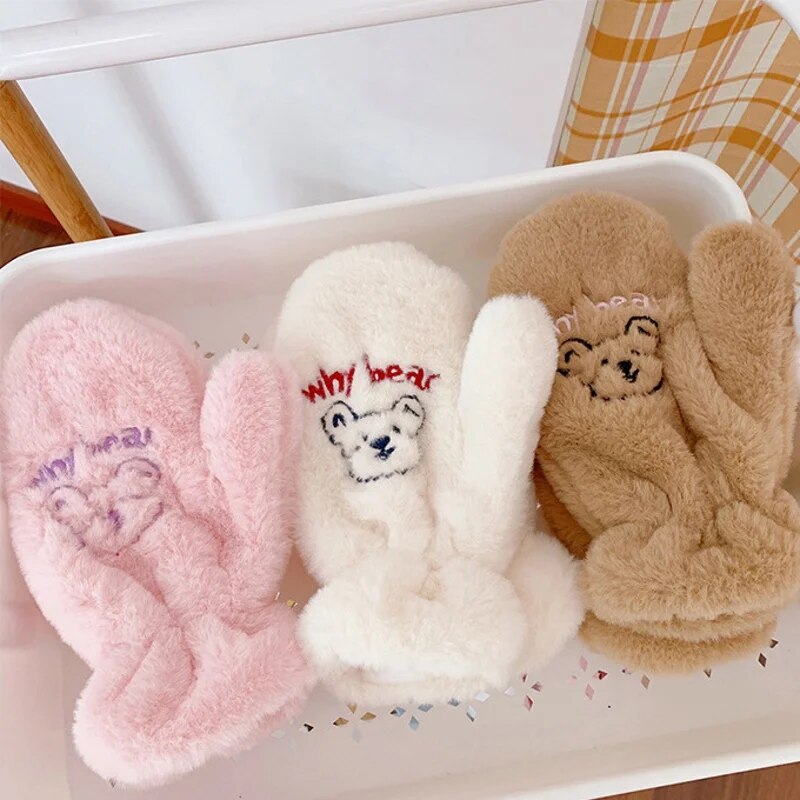 Super-thick Bear Plush Gloves Cute Embroidery Bear Fluffy Claw Fingerless Gloves Winter Warm Soft Glove Full Finger Mitten Women