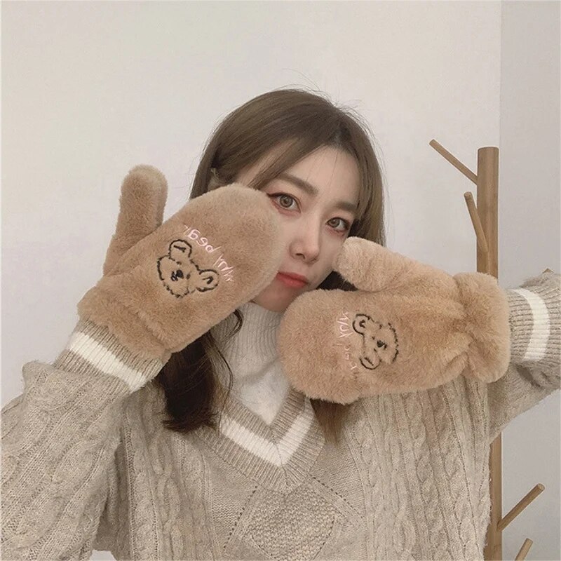 Super-thick Bear Plush Gloves Cute Embroidery Bear Fluffy Claw Fingerless Gloves Winter Warm Soft Glove Full Finger Mitten Women