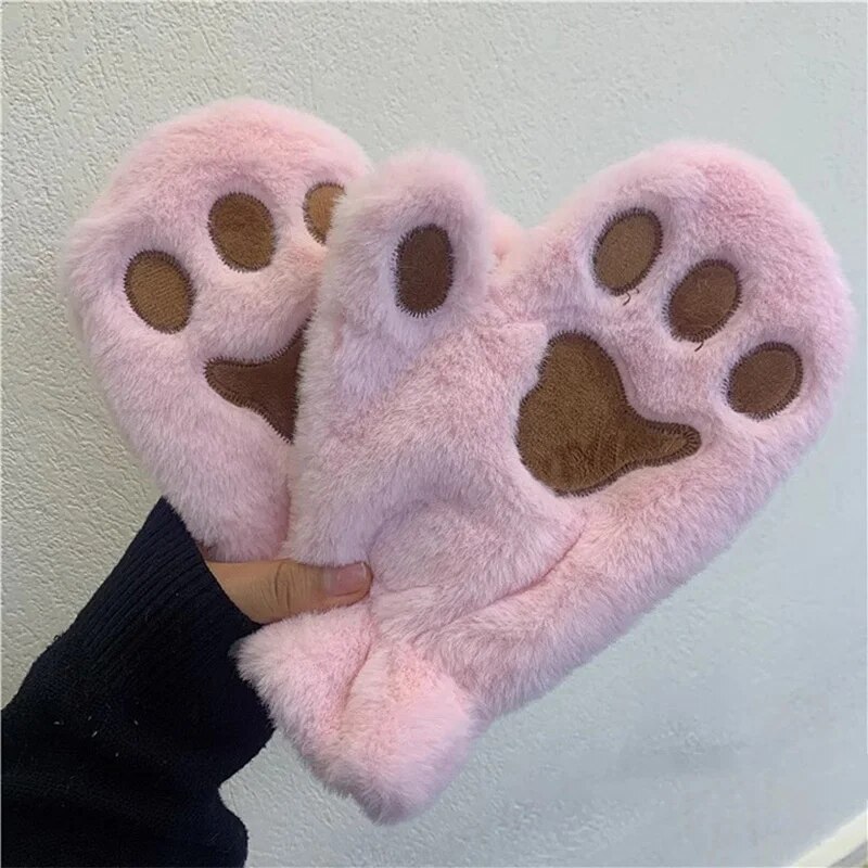 Girls Winter Thick Cat Paw Soft Plush Gloves Cute Warm Hand Glove Women Korean Rabbit Fur Full Finger Casual Riding Mittens
